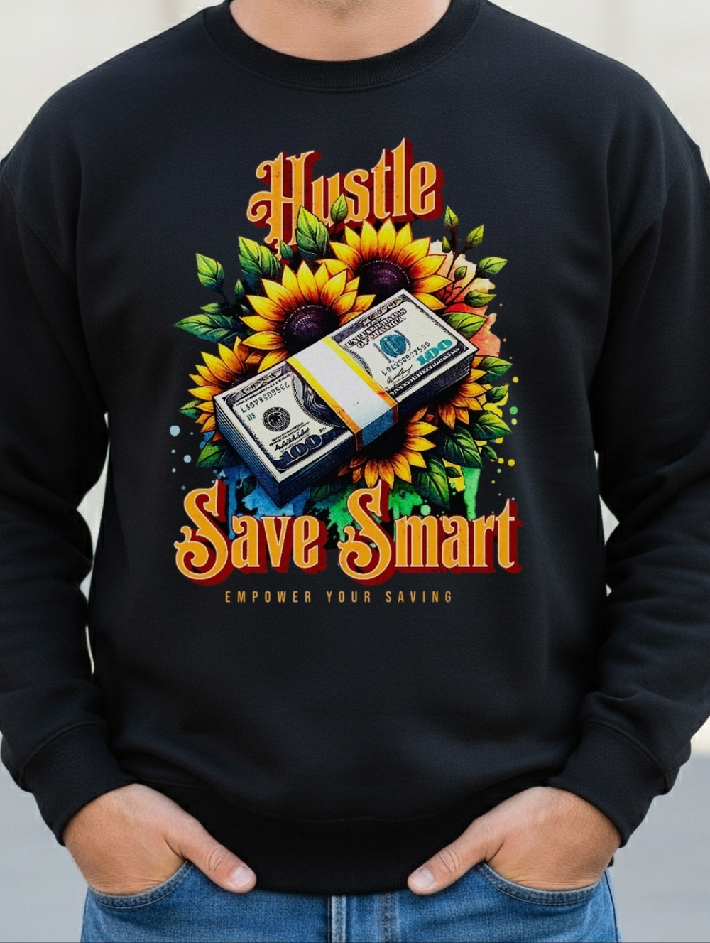 Gildan Black Crewneck Sweater with Sunflower and Money Graphic